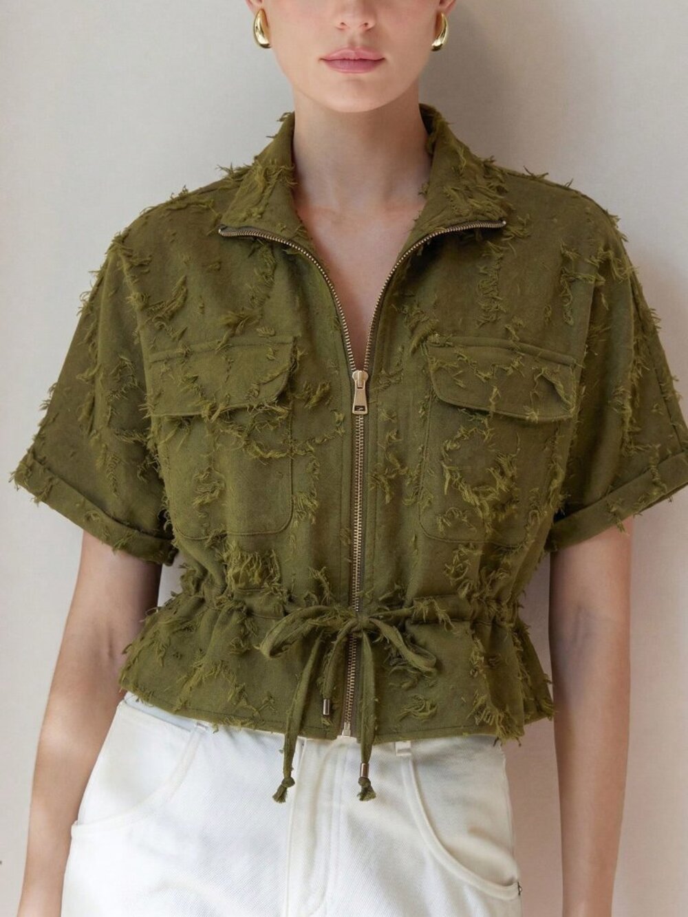 Olive Green Casual Women's Cropped Tie-Waist Drawstring Zip Lapel Shirt Jacket